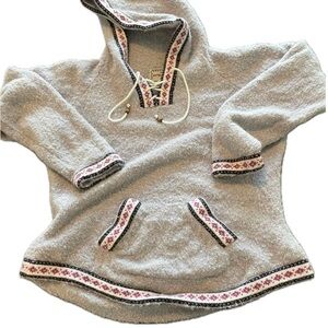 Women's Alpaca Wool Blend Hooded  Sweater with Patterned Trim Medium